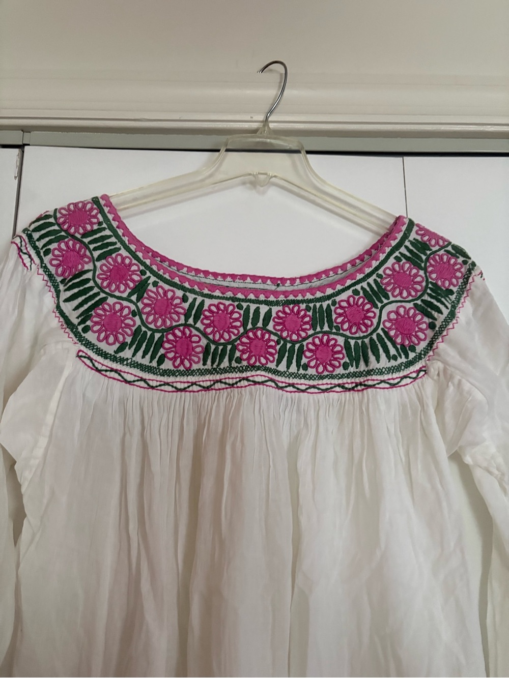White Mexican Hand made Embroidered Peasant Blouse with Pink & Green Floral Yoke - Picture 4 of 4